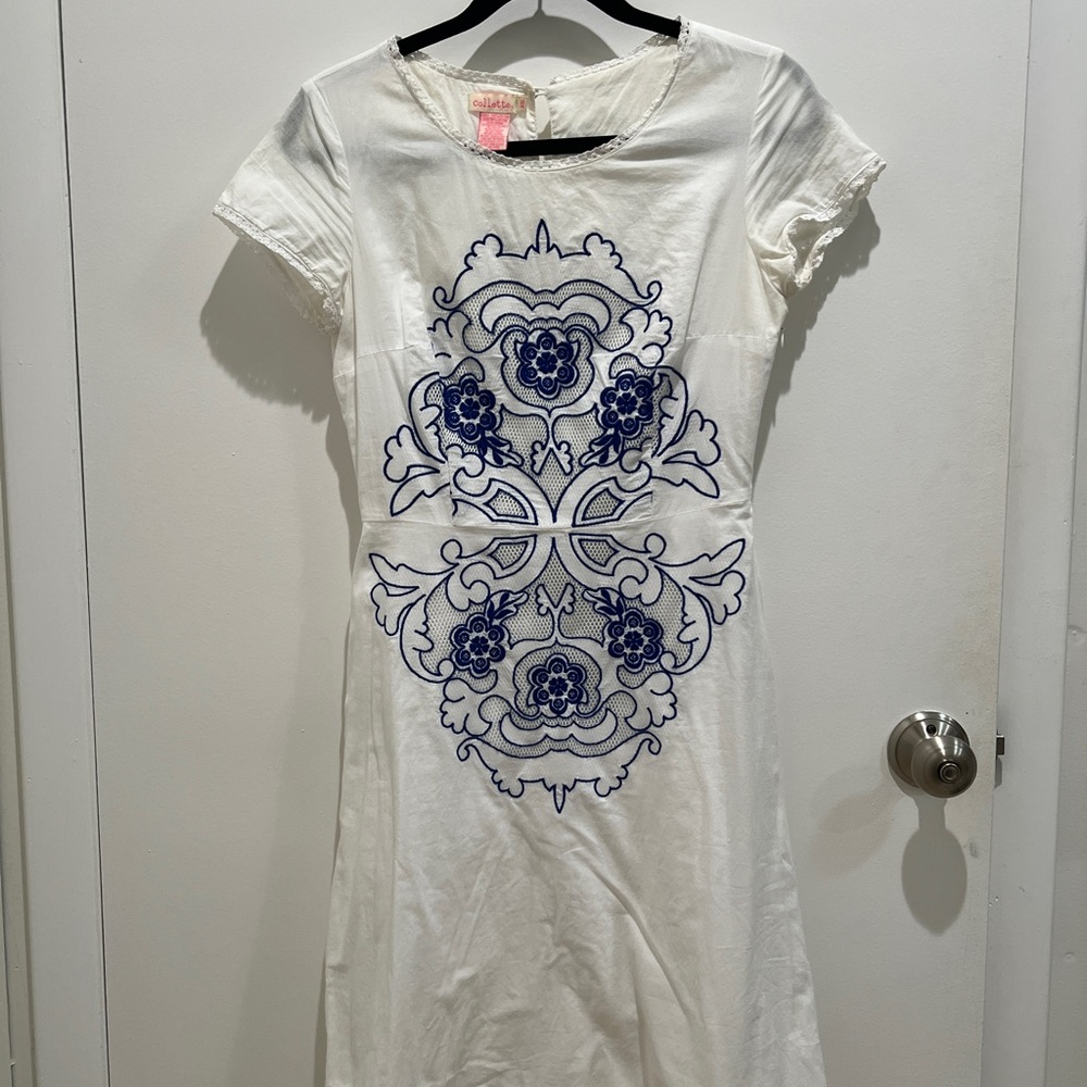 Collette White and Blue Casual Sheath Midi Dress XS